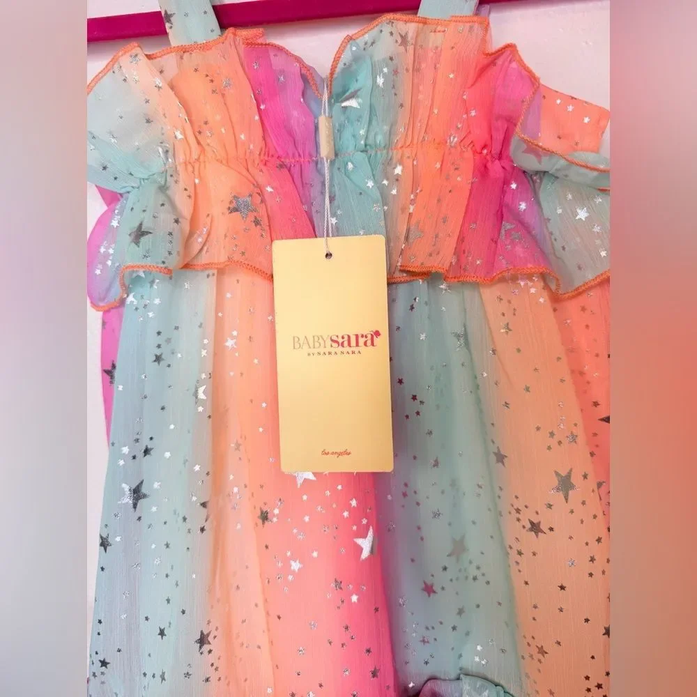 NWT ✨ BABY SARA Kids Ruffle Rainbow Dress with Metallic Stars Size 5